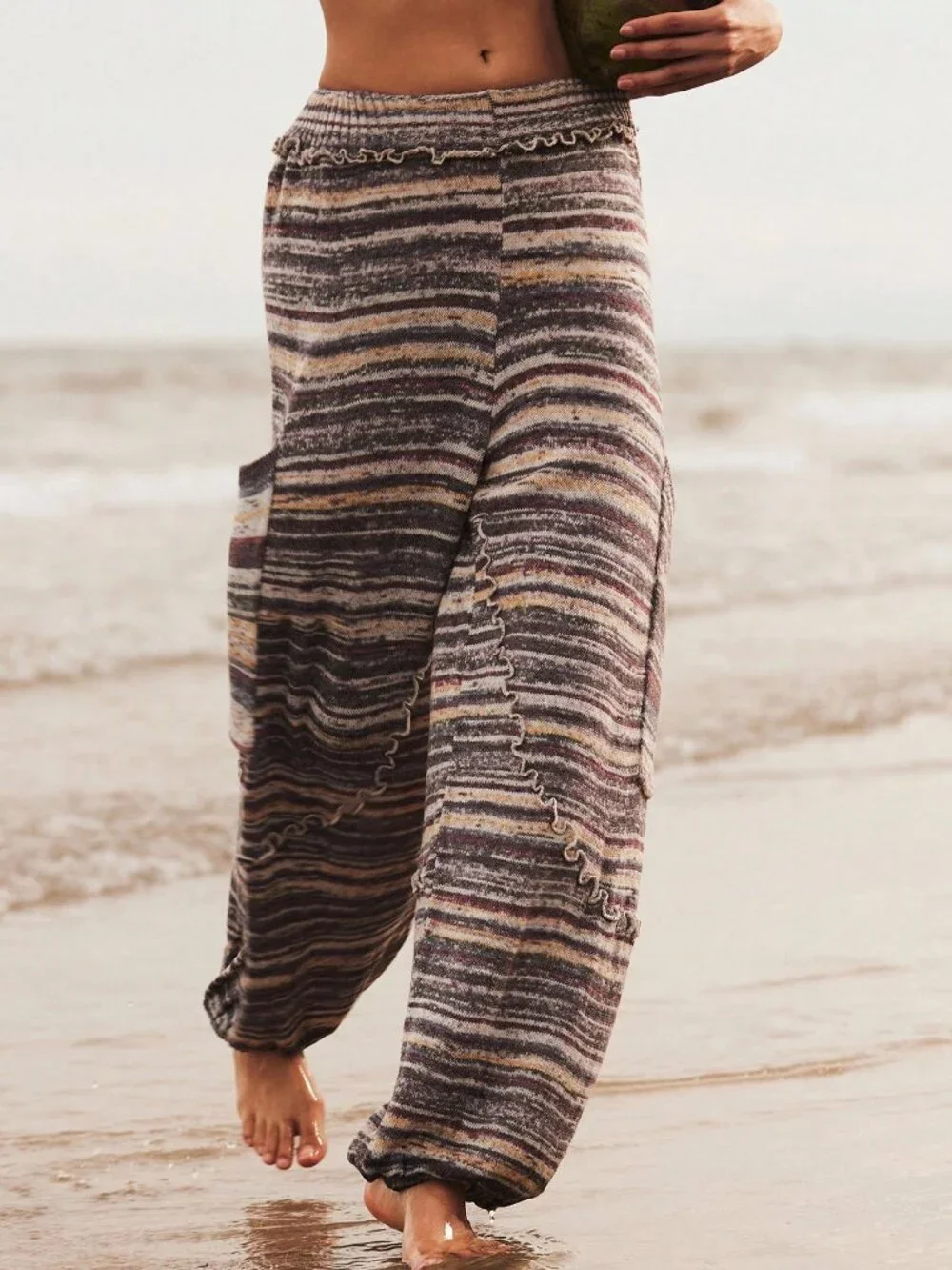 Apricot Boho Women's Elastic Waist Ruffle Trim Striped Loose Knit Pants